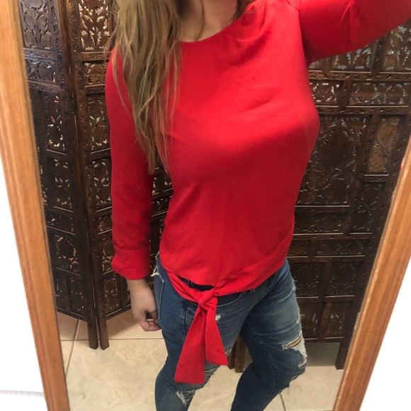 Cherry Red Chiffon Waist Tie Blouse Top Small - Picture 2 of 3
